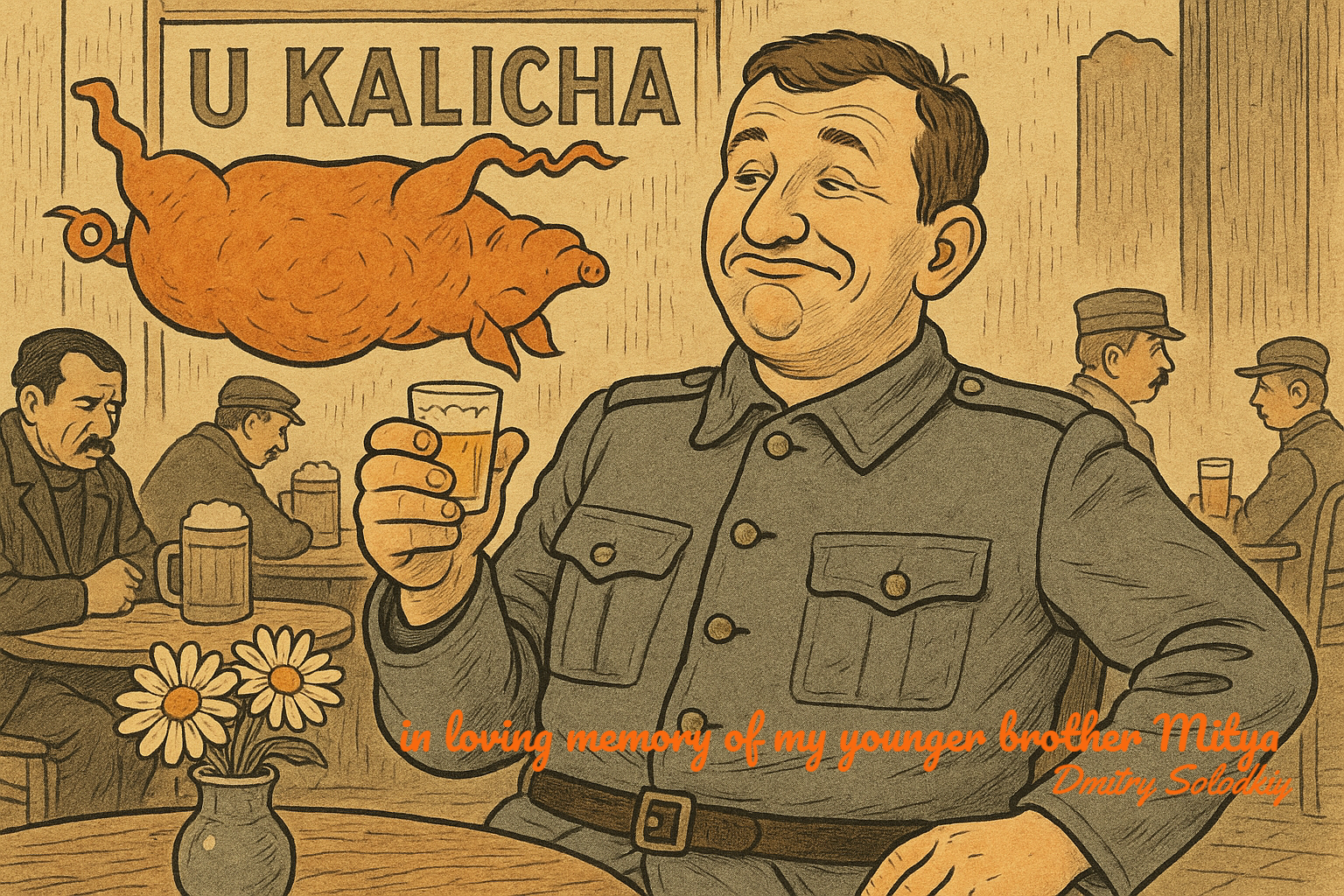 Memorial image of Švejk in the pub U Kalicha dedicated to Mitya Solodkiy.